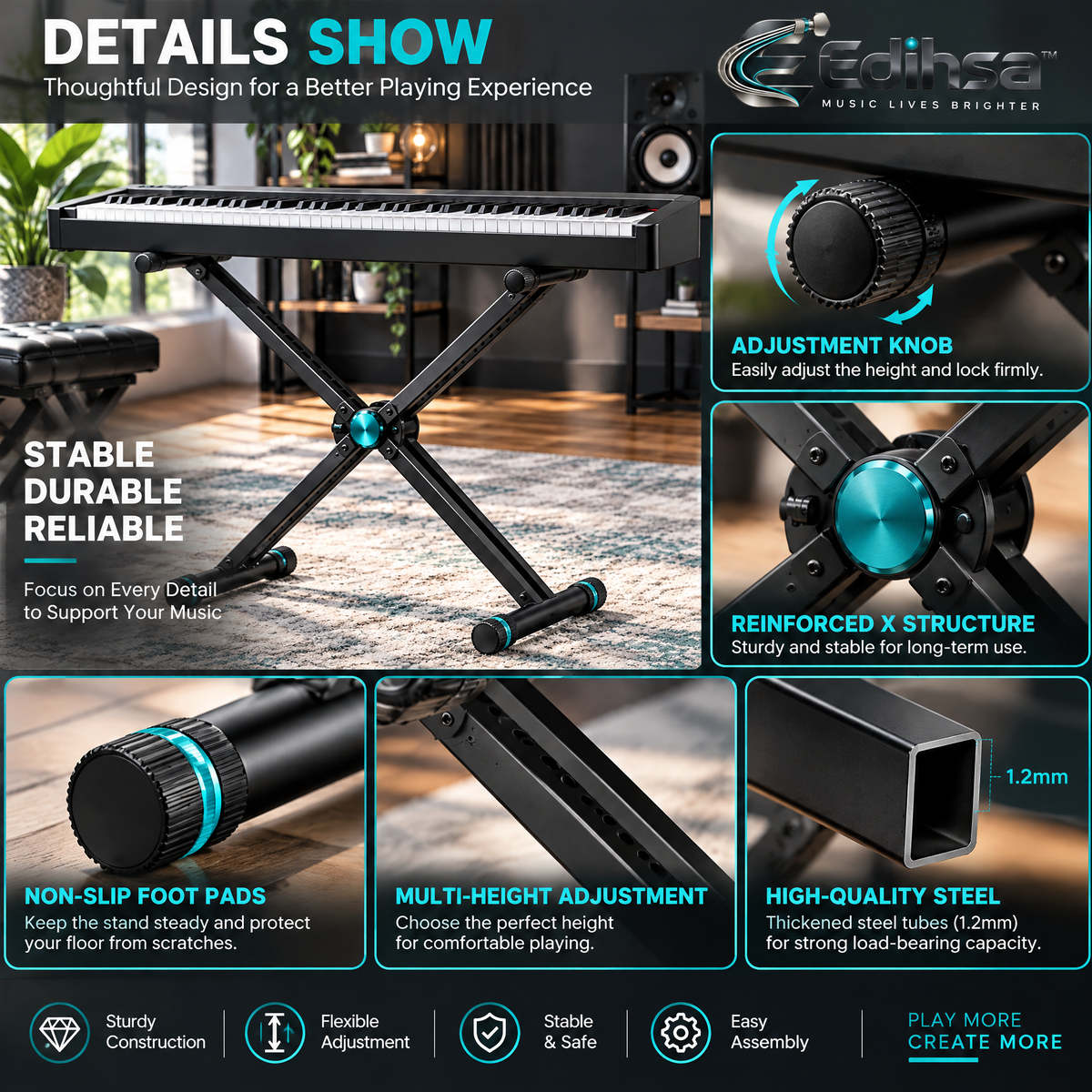 Edihsa™ Double-Braced X-Style Keyboard Stand detail image 3