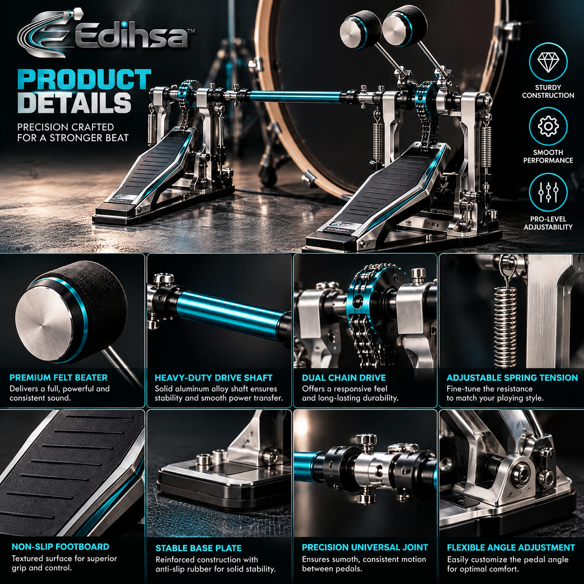 Edihsa™ Professional Double Bass Drum Pedal detail image 2